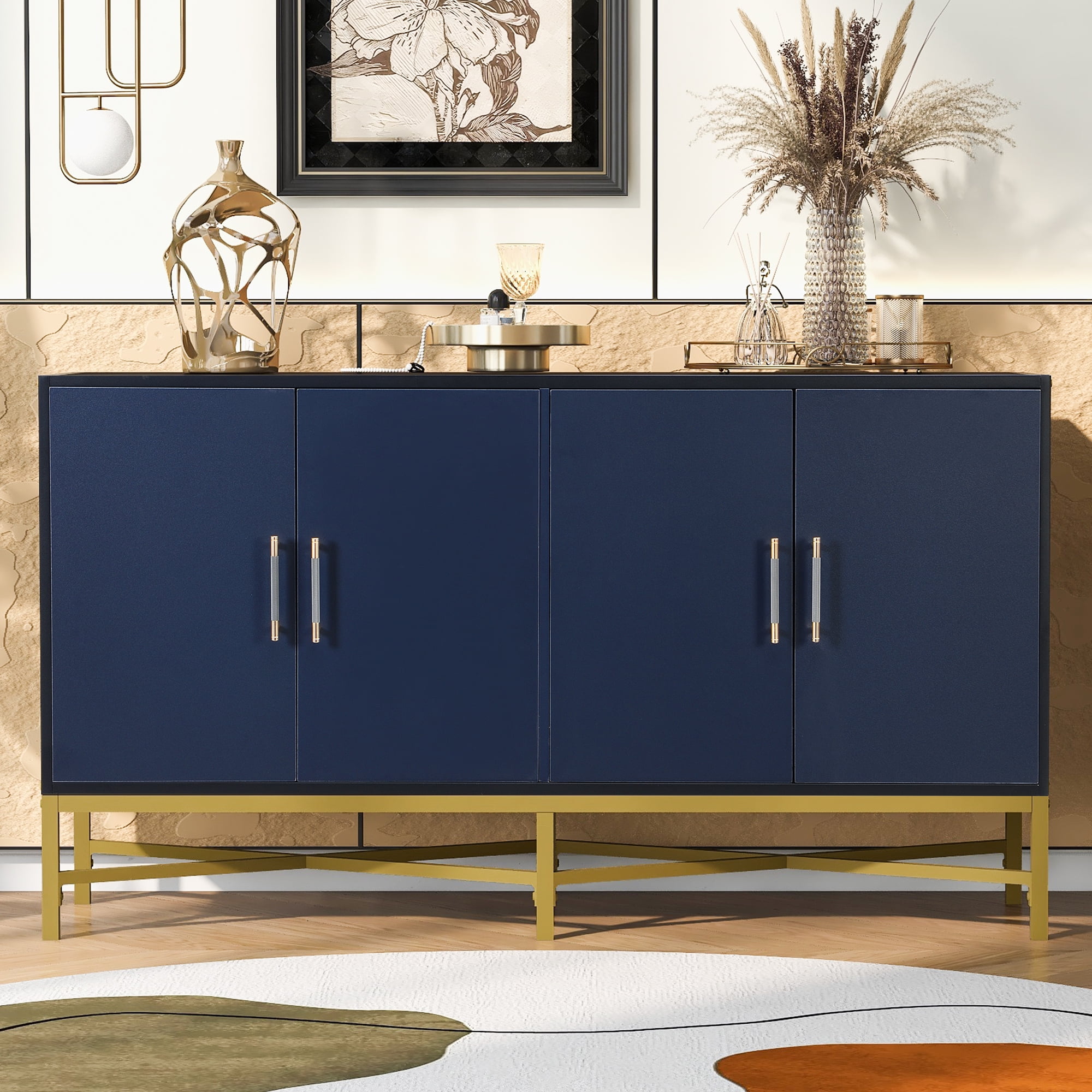 Vastcury 62 inch 4 Door Sideboard Cabinet with Metal Hands and Cross Legs Storage Buffet for Living Room Dining Room Navy Blue