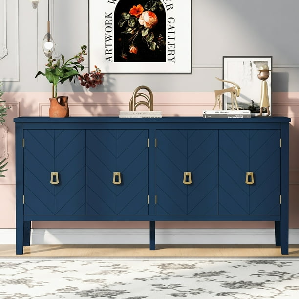 Vastcury 63 4 Door Sideboard Cabinet with Geometric Line Patterns Storage Buffet with Vintage Metal Handles for Living Rooms Navy Blue Walmart Business Supplies
