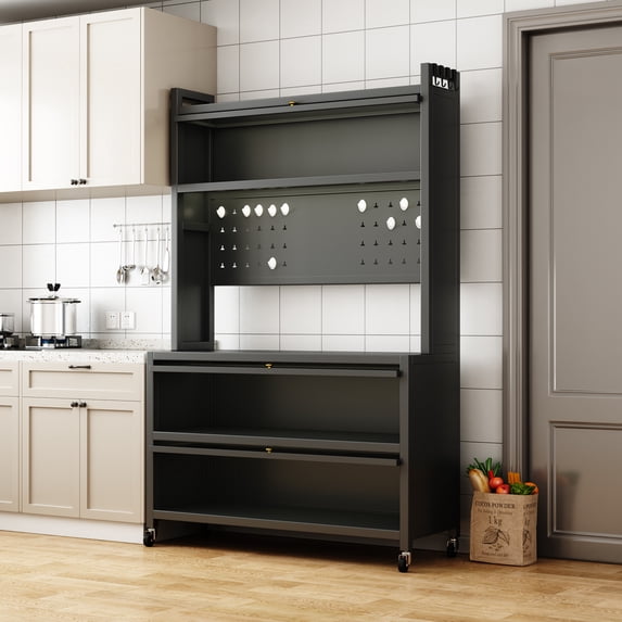 Vastcury 65" Tall 360° Rotating Modern Kitchen Pantry Buffet with 3 Flip Doors, Bakers Racks with Hooks and Open Shelves for Kitchen and Dining Room, Grey