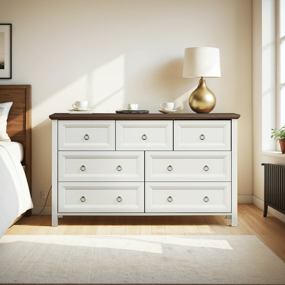 Vastcury Farmhouse 7 Drawers Dresser for Bedroom, 54" Wood Rustic Dresser TV Stand, Storage Cabinet for Living Room Hallway, Antique White