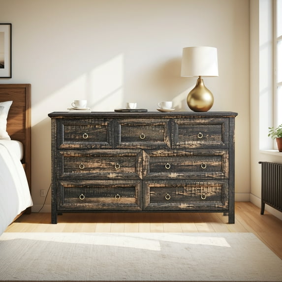 Vastcury Farmhouse 7 Drawers Dresser for Bedroom, 54" Wood Rustic Dresser TV Stand, Storage Cabinet for Living Room Hallway, Dark Oak
