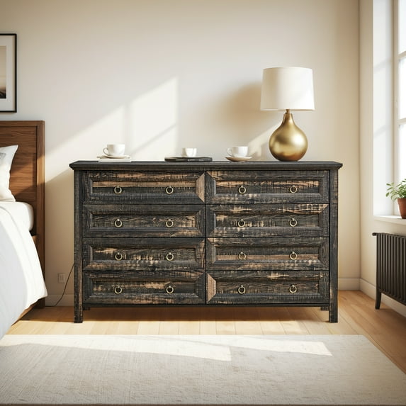 Vastcury Farmhouse 8 Drawers Dresser for Bedroom, 54" Wood Rustic Wide Chest of Drawers, Storage Cabinet for Living Room Hallway, Dark Oak