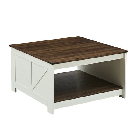Vastcury Farmhouse Coffee Table with Storage, Square Coffee Table, Rural Wooden Cocktail Table for Living Room, White+Walnut