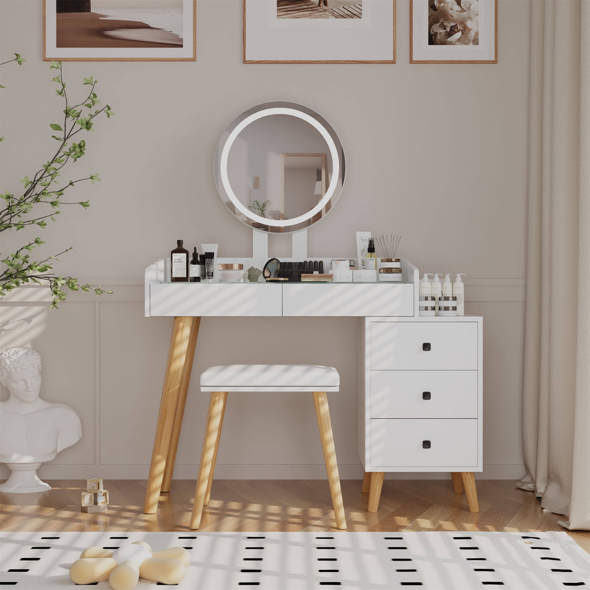 Vastcury Makeup Vanity Desk Set with Round Mirror and LED Light, Modern Vanity with Glass Top and 5 Drawers for Bedroom, White