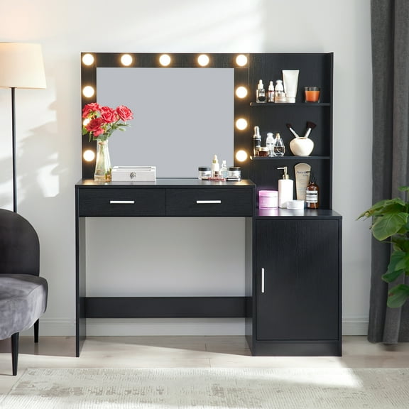 Vastcury Minimalist Vanity Desk with Mirror and Lights, Bedroom 3 Level Makeup Dresser, Dressing Table with Large Vertical Organizer & 2 Drawer, Black
