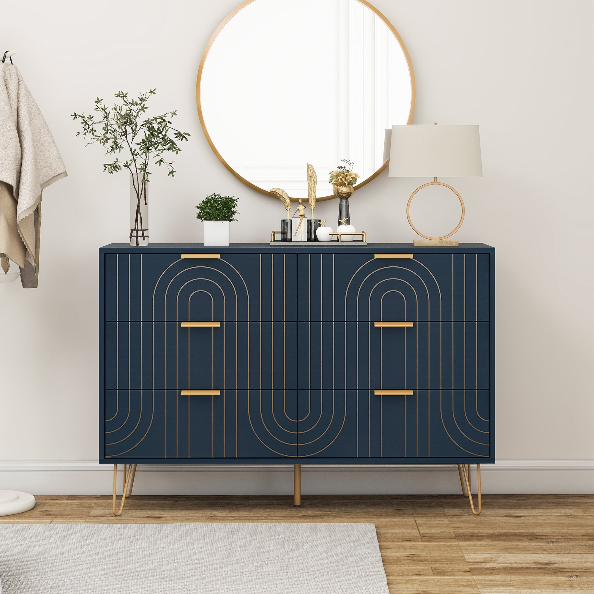 navy blue dresser with gold knobs Recto Blue Two Tone Solid Wood 7 Drawer Bedroom main image 1