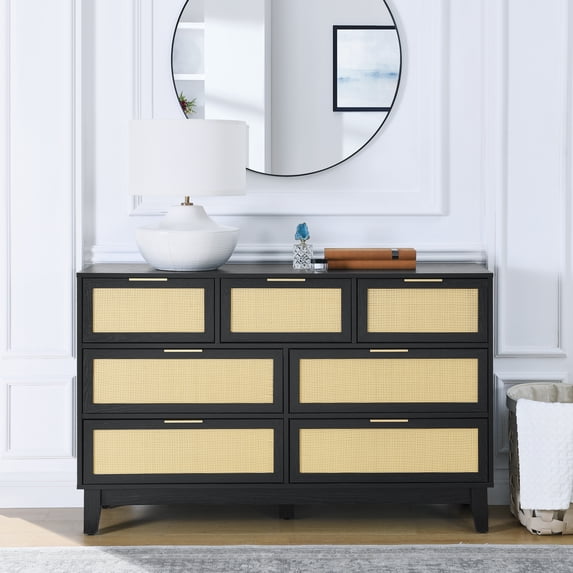 Vastcury Modern Wooden Dresser with 7 Rattan Drawers for Bedroom, Chest of Drawers with Spacious Storage for Living Room, Black