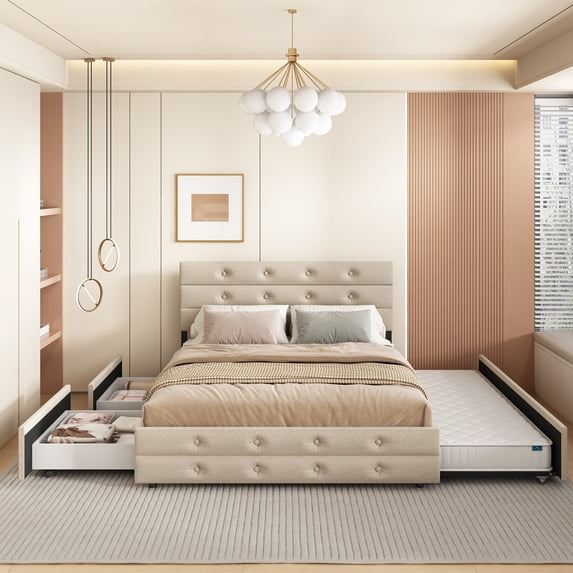 Vastcury Queen Size Platform Bed with Twin Size Trundle Bed and Drawers, Tufted Upholstered Bed Frame for Adults, No Box Spring Needed, Beige Linen