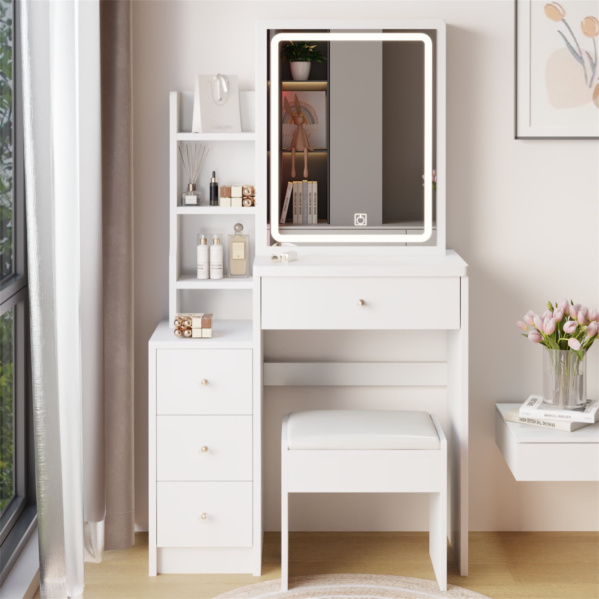 Vastcury Vanity Desk Set with Large Touch Control Sliding LED Mirror, Tri-Color Switching, Brightness Adjustable, Small Size Makeup Table for Girls, White
