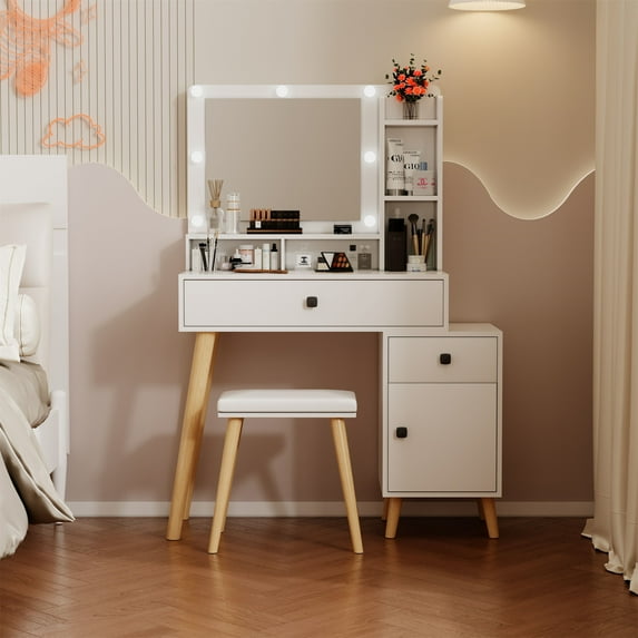 Vastcury Vanity Desk with Hollywood LED Mirror, Light Adjustable Brightness, Wooden Vanity Set with Storage for Bedroom, White