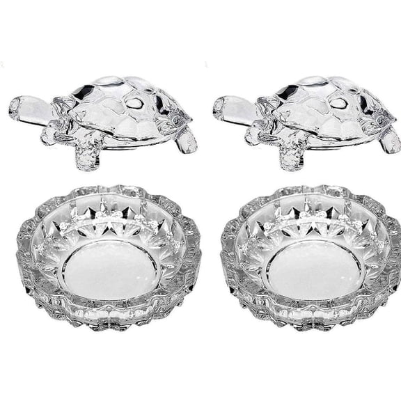 Vastu Feng Shui Crystal Tortoise With Plate, Good Luck Turtle - Transparent | Turtle Showpiece For Home, Office & Main Gate | Decorative Showpiece For Wealth & Prosperity - Pack Of 2