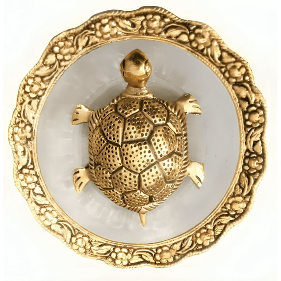 Vastu Feng Shui Tortoise with glass plate | Kachua/Turtle for Goodluck | Metal Feng Shui Glass Plate Gold