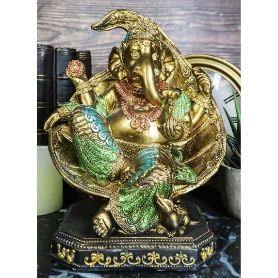 Vastu Hindu God Ganesha Wearing Peacock Train Seated On Peepal Leaf Figurine