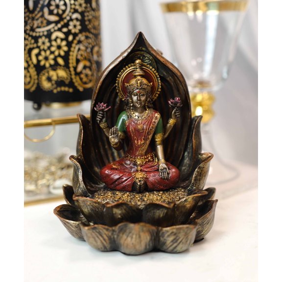 Vastu Hindu Goddess Lakshmi Seated On Lotus Backflow Incense Cone Burner Statue