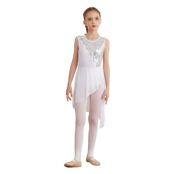 Vastwit Kids Girls Lyrical Ballet Dance Dress Modern Contemporary Dancewear Sequins Mesh Tulle Skirt Performance Costumes White 8
