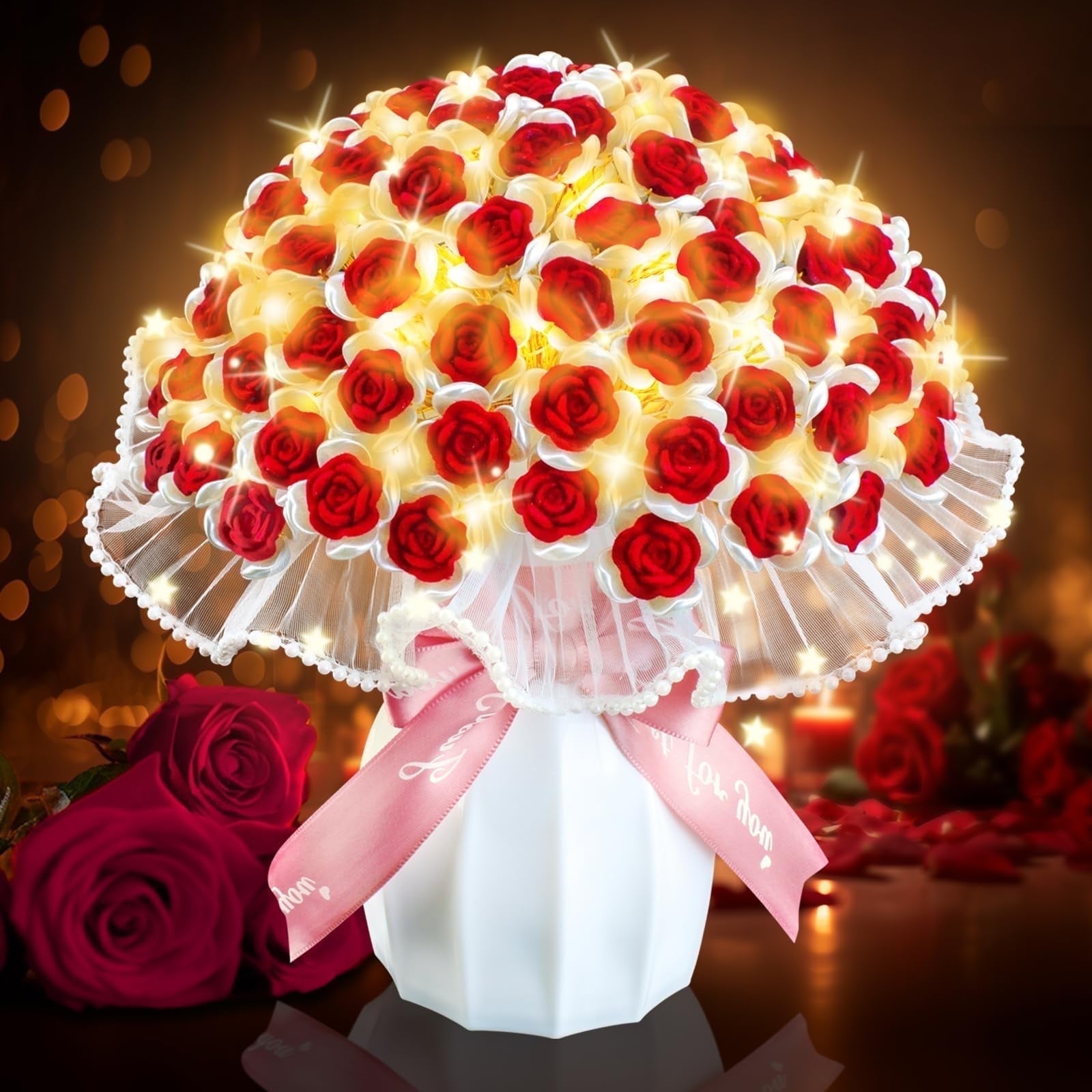 Vatos Glitter Roses Bouquet with Plastic Vase, 99pcs Artificial Flowers for Valentine's Day, Anniversary, Wedding