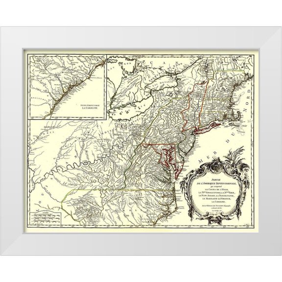Vaugondy 14x12 White Modern Wood Framed Museum Art Print Titled - Northeastern Coast North America - Vaugondy 1755