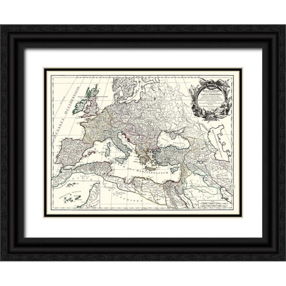 Vaugondy 32x25 Black Ornate Wood Framed with Double Matting Museum Art Print Titled - Roman Empire Europe - Vaugondy 1757