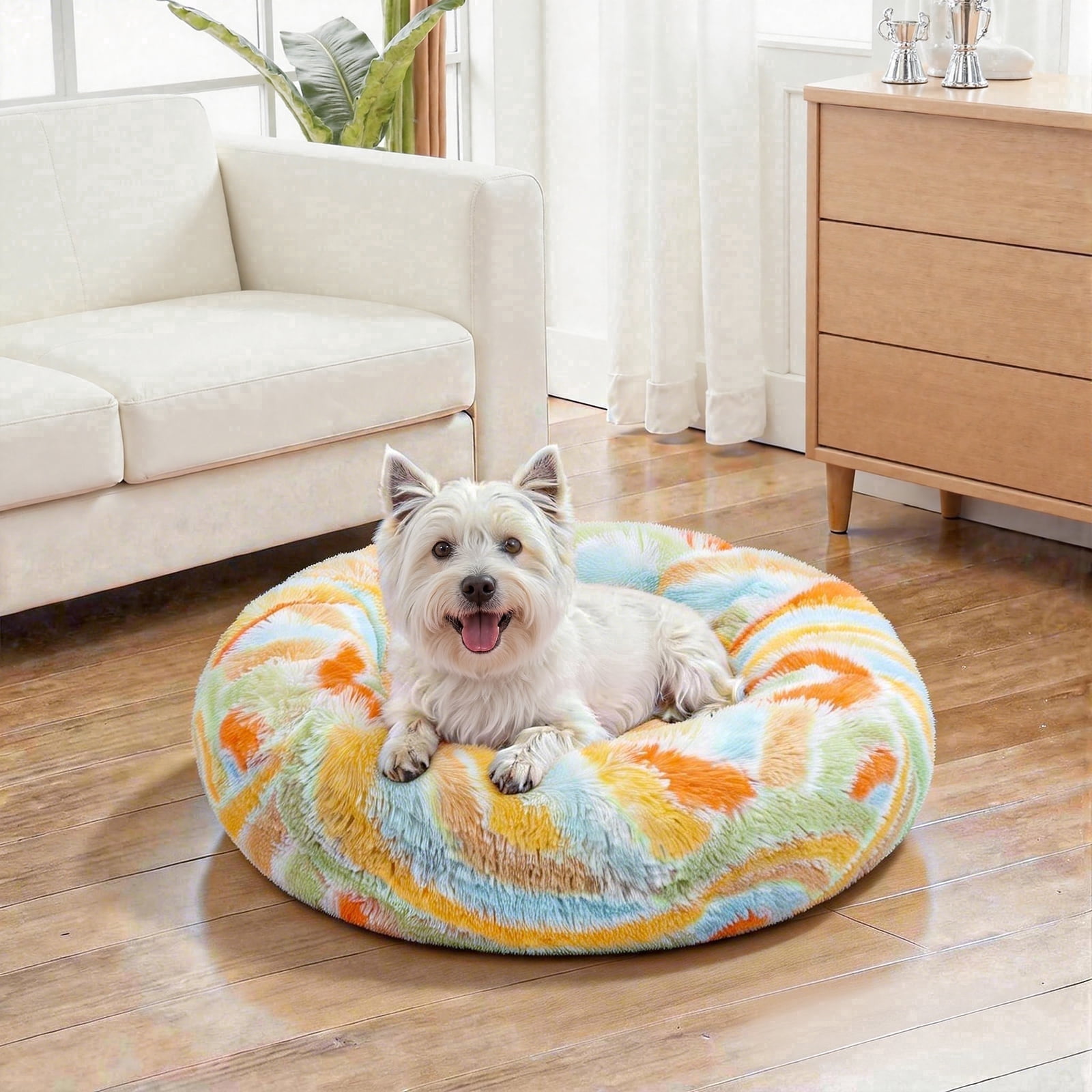 Vaukki 23"Dog Bed with Non Slip Bottom,Soft Warm Faux Fur Pet Bed,Comfortable Donut Round Plush Dog and Cats Beds,Orange