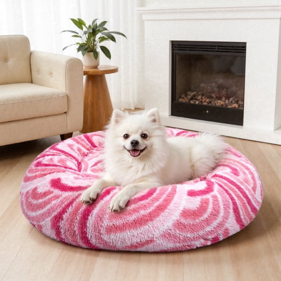 Vaukki 23" Round Donut Dog Bed for Small Dogs & Cats, Machine Washable Shaggy Plush Faux Fur Calming Pet Bed with Anti-Slip Bottom,Pink
