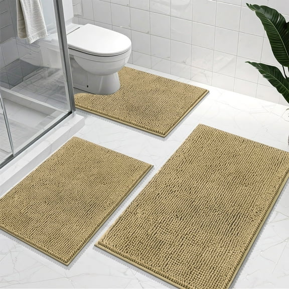 Vaukki Bathroom Rug Sets 3 Piece Ultra Soft Absorbent Shaggy Bath Mat Non Slip Toilet Rug for Bathroom, Yellow