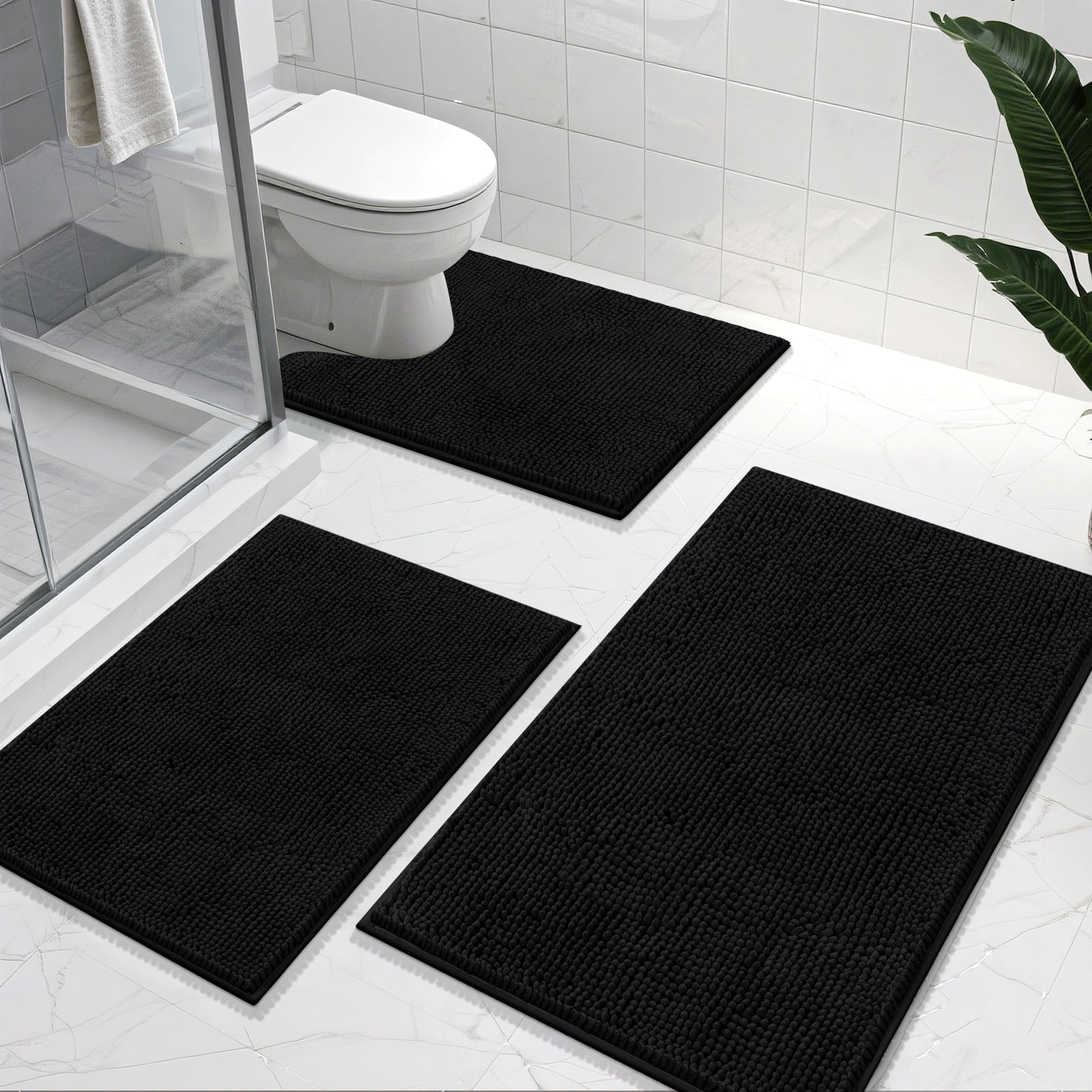 Vaukki Black Bathroom Rug Sets 3 Piece Ultra Soft Absorbent Shaggy Bath Mat Non Slip Toilet Rug for Bathroom