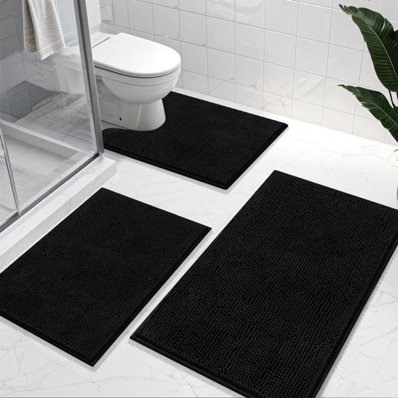 Vaukki Black Bathroom Rug Sets 3 Piece Ultra Soft Absorbent Shaggy Bath Mat Non Slip Toilet Rug for Bathroom