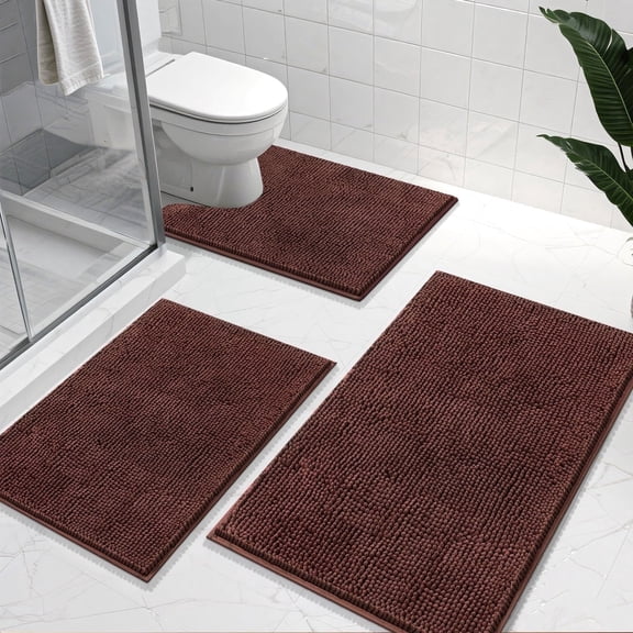 Vaukki 3 Piece Bathroom Rugs Set, Chenille Ultra Soft Non Slip Absorbent Bath Mats, Quick Dry Machine Washable Shaggy Bath Rugs with Contour Mat, Brown