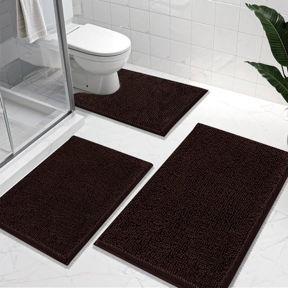 Vaukki 3 Piece Bathroom Rugs Set, Chenille Ultra Soft Non Slip Absorbent Bath Mats, Quick Dry Machine Washable Shaggy Bath Rugs with Contour Mat, Brown