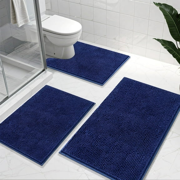 Vaukki Dark Blue Bathroom Rug Sets 3 Piece Ultra Soft Absorbent Shaggy Bath Mat Non Slip Toilet Rug for Bathroom