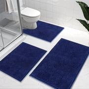 Vaukki 3 Piece Bathroom Rugs Set, Chenille Ultra Soft Non Slip Absorbent Bath Mats, Quick Dry Machine Washable Shaggy Bath Rugs with Contour Mat, Navy