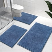 Vaukki 3 Piece Bathroom Rugs Set, Chenille Ultra Soft Non Slip Absorbent Bath Mats, Quick Dry Machine Washable Shaggy Bath Rugs with Contour Mat, Blue