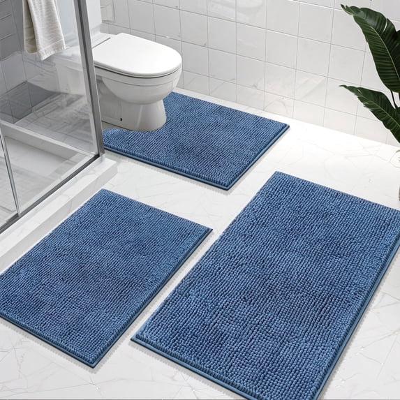 Vaukki 3 Piece Bathroom Rugs Set, Chenille Ultra Soft Non Slip Absorbent Bath Mats, Quick Dry Machine Washable Shaggy Bath Rugs with Contour Mat, Blue