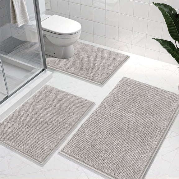 Vaukki 3 Piece Bathroom Rugs Set, Chenille Ultra Soft Non Slip Absorbent Bath Mats, Quick Dry Machine Washable Shaggy Bath Rugs with Contour Mat, Gray