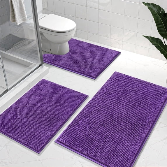 Vaukki 3 Piece Bathroom Rugs Set, Chenille Ultra Soft Non Slip Absorbent Bath Mats, Quick Dry Machine Washable Shaggy Bath Rugs with Contour Mat, Purple