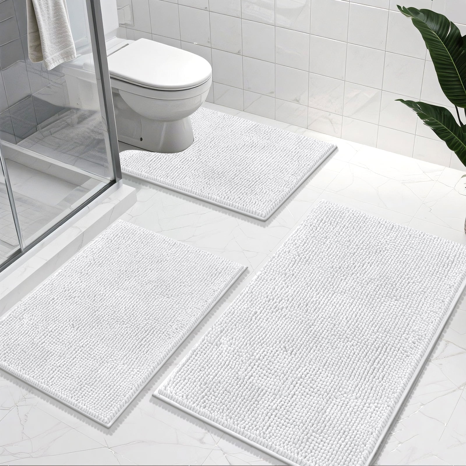 Vaukki White Bathroom Rug Sets 3 Piece Ultra Soft Absorbent Shaggy Bath ...