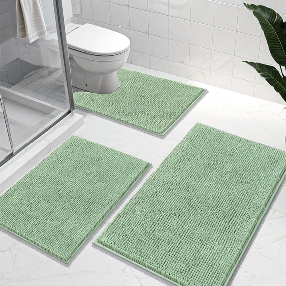 Vaukki 3 Piece Bathroom Rugs Set, Chenille Ultra Soft Non Slip Absorbent Bath Mats, Quick Dry Machine Washable Shaggy Bath Rugs with Contour Mat, Green