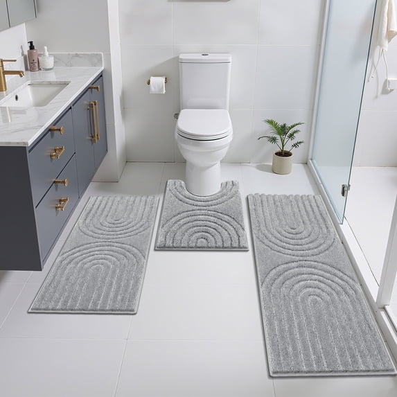 Vaukki 3 Piece Bathroom Rugs Set with Contour Mat, Jacquard Modern Geometric Microfiber Bath Mats, Hig-Low Cut Non Slip Absorbent Quick Dry Machine Washable Bath Rug Set of 3, Gray