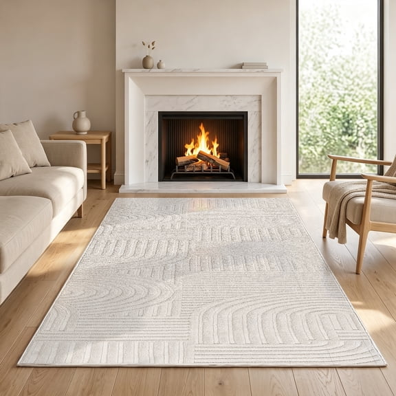 Vaukki 3'x5' Modern Geometric Area Rug, Jacquard High-Low Textured Non Slip Machine Washable Soft Rug for Living Room Bedroom Dinning Room Office, Beige