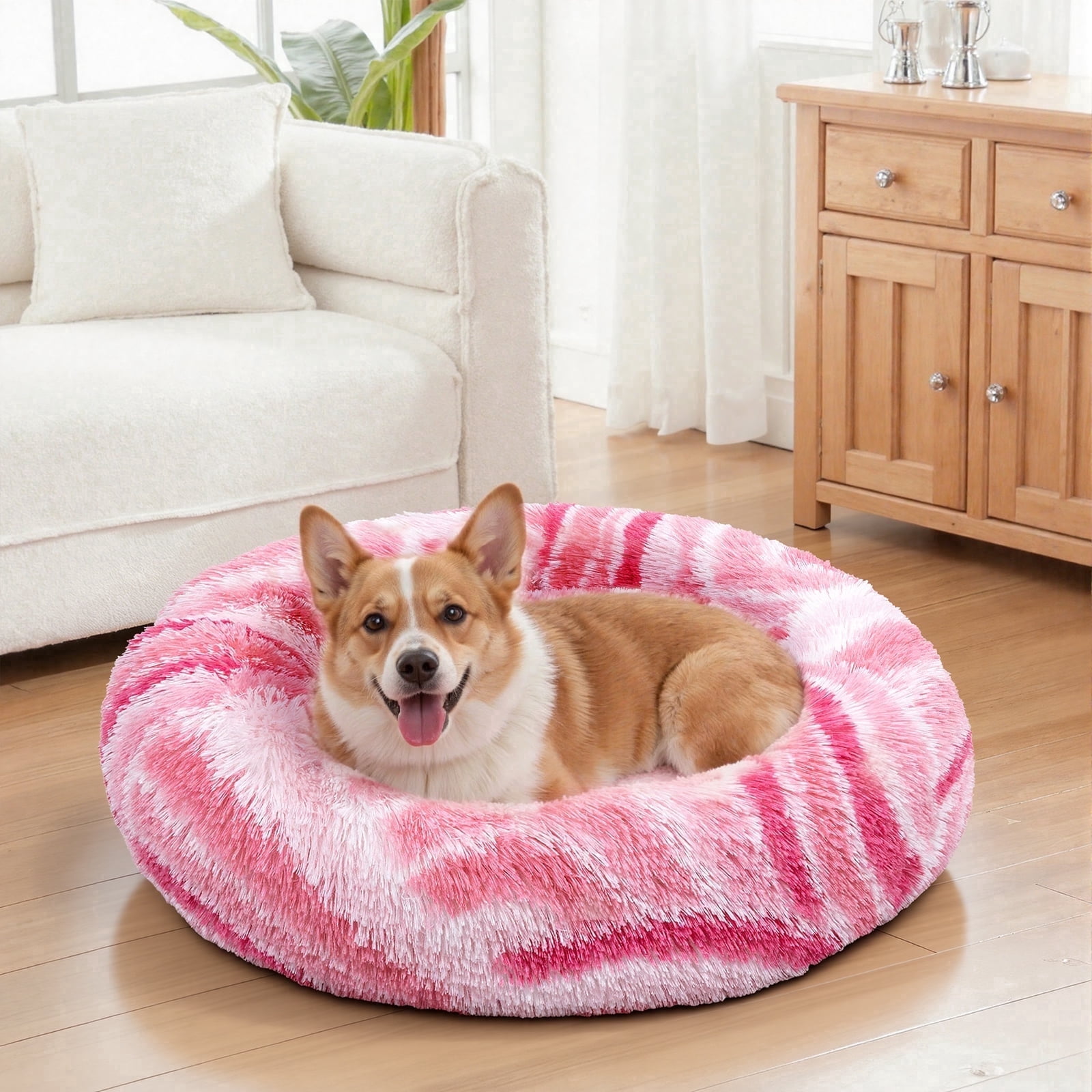 Vaukki 30"Dog Bed with Non Slip Bottom,Soft Warm Faux Fur Pet Bed,Comfortable Donut Round Plush Dog and Cats Beds,Pink
