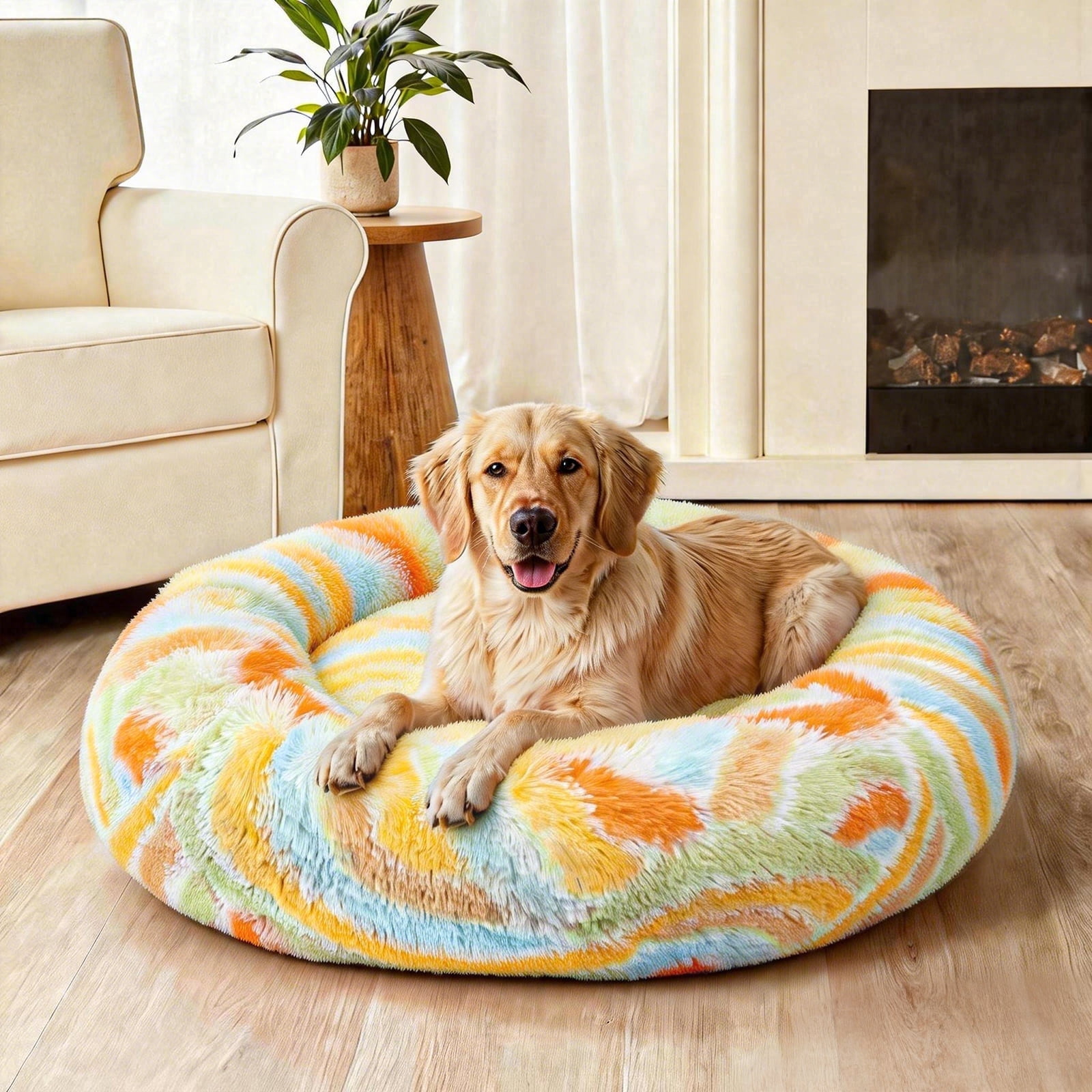 Vaukki 45"Dog Bed with Non Slip Bottom,Soft Warm Faux Fur Pet Bed,Comfortable Donut Round Plush Dog and Cats Beds,Orange
