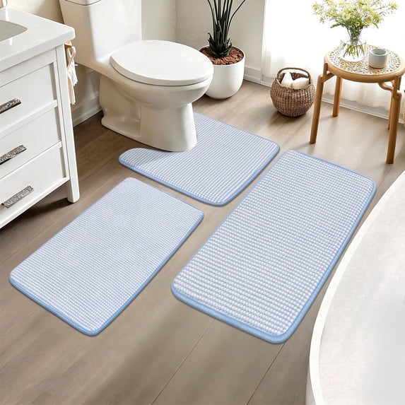 Vaukki Memory Foam Bathroom Rug Sets 3, Soft and Absorbent Chenille Bath Mat, Non Slip Toilet Rug for Bathroom, Blue