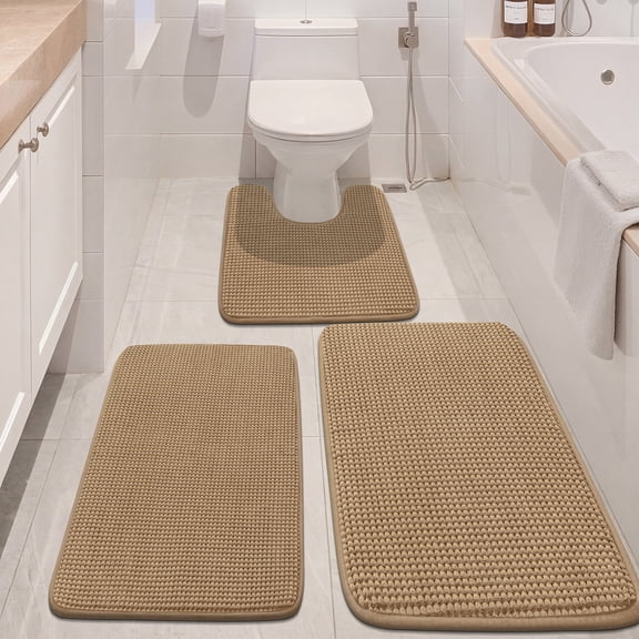 Vaukki Memory Foam Bathroom Rug Sets 3, Soft and Absorbent Chenille Bath Mat, Non Slip Toilet Rug for Bathroom, Brown