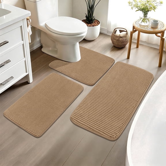 Vaukki Memory Foam Bathroom Rug Sets 3, Soft and Absorbent Chenille Bath Mat, Non Slip Toilet Rug for Bathroom, Brown