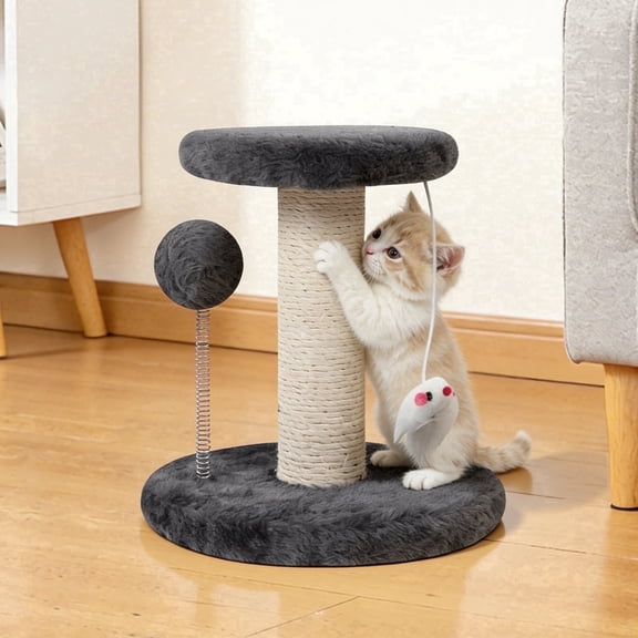 Vaukki 7.87" Small Cat Scratching Post,Sisal Climbing Tower with Plush Ball for Kittens,Pet Interactive Toy,Gray