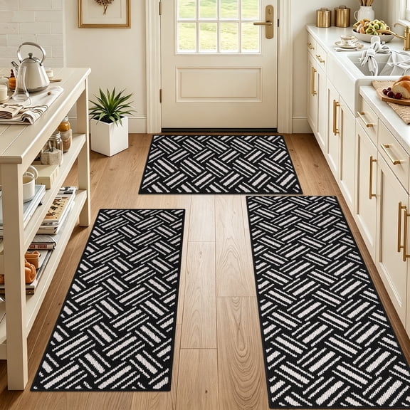 Vaukki Chevron Kitchen Rugs Sets of 3, Non Slip Machine Washable Kitchen Floor Mats, Heavy Duty Low Profile Rugs for Sink Laundry Room, Black