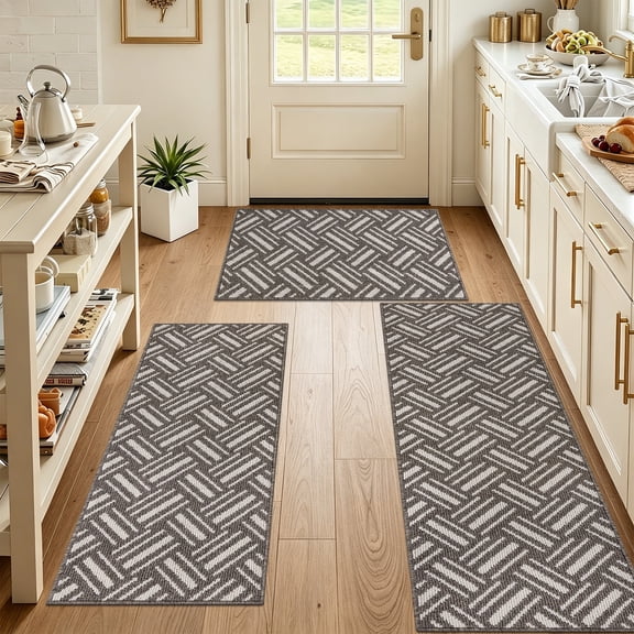 Vaukki Chevron Kitchen Rugs Sets of 3, Non Slip Machine Washable Kitchen Floor Mats, Heavy Duty Low Profile Rugs for Sink Laundry Room, Brown