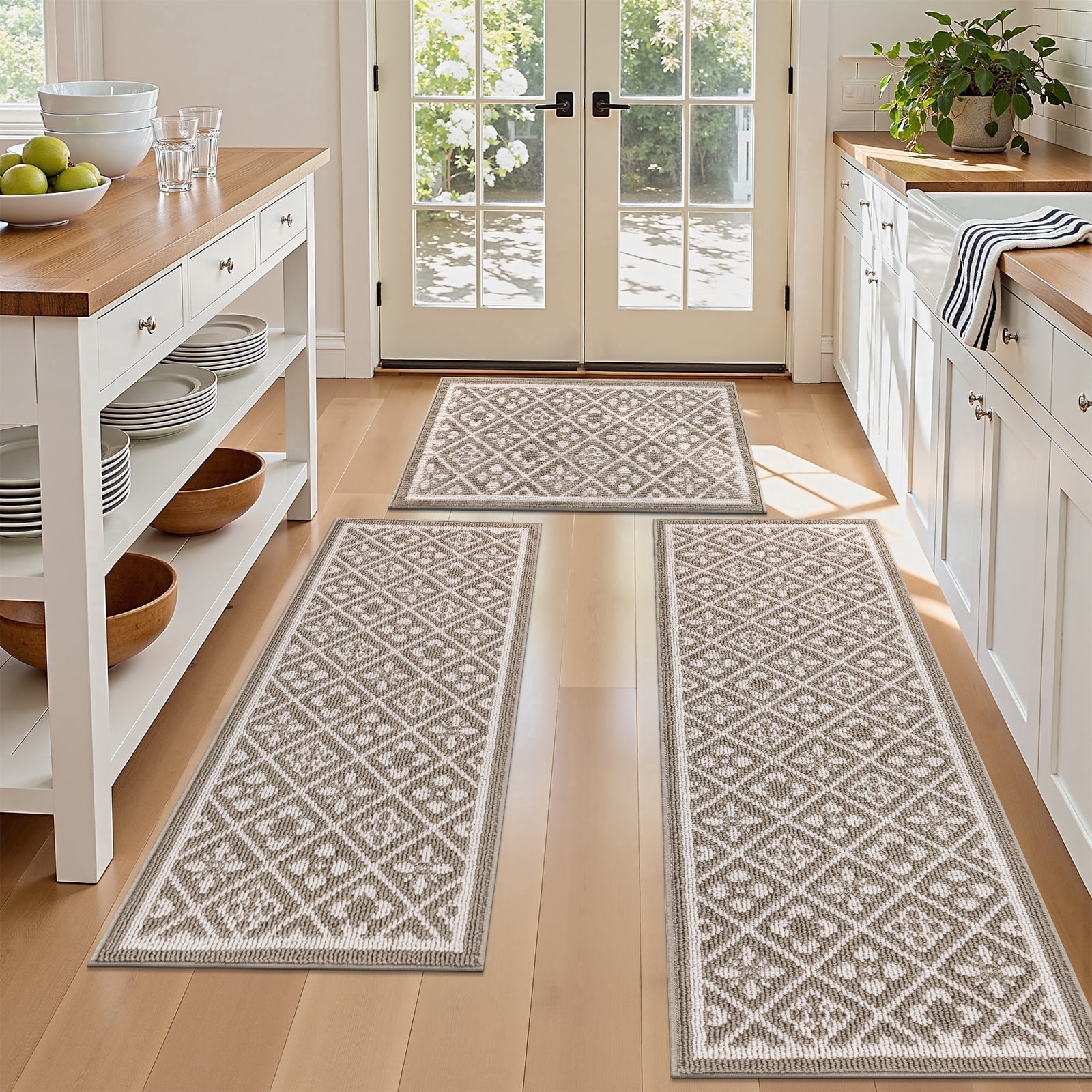 Vaukki Farmhouse Kitchen Rugs Sets of 3, Non Slip Kitchen Floor Mats Washable Kitchen Runner Rug, Beige