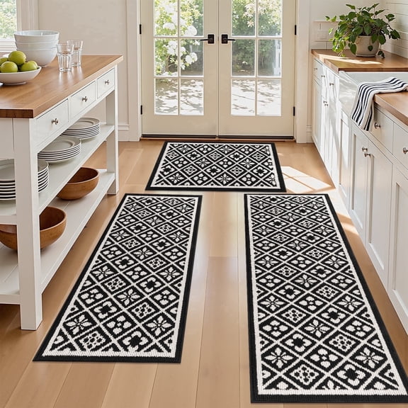 Vaukki Diamond Kitchen Rugs Sets of 3, Non Slip Machine Washable Kitchen Floor Mats, Heavy Duty Low Profile Rugs for Sink Laundry Room, Black