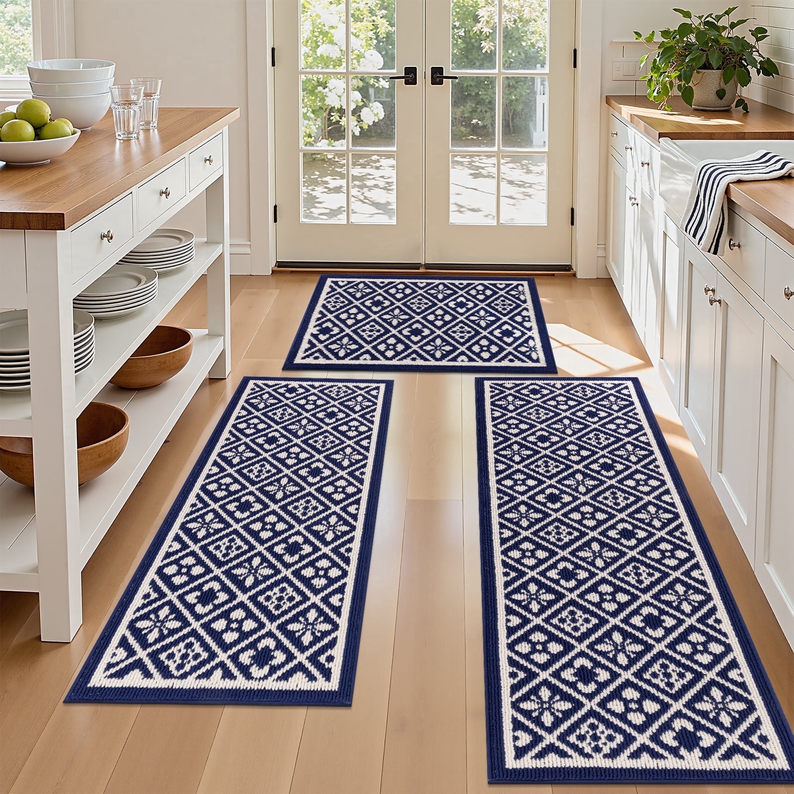 Vaukki Farmhouse Kitchen Rugs Sets of 3, Non Slip Kitchen Floor Mats Washable Kitchen Runner Rug, Blue